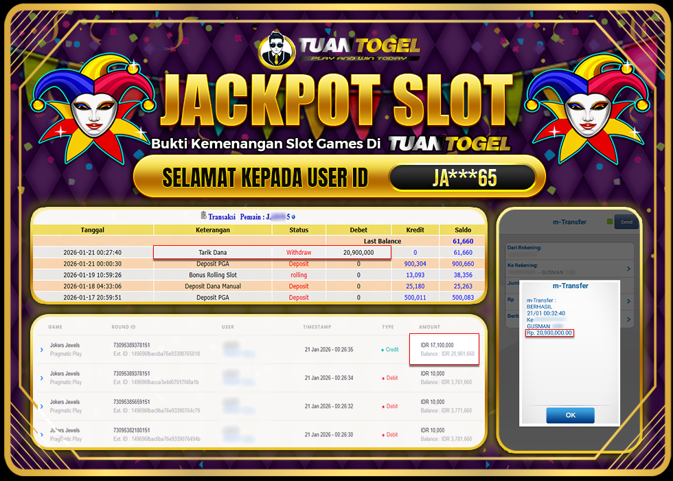 TUANTOGEL JACKPOT SLOT JOKERS JEWELS Rp20.900.000, - LUNAS